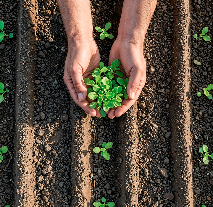 Hands holding soil with plant